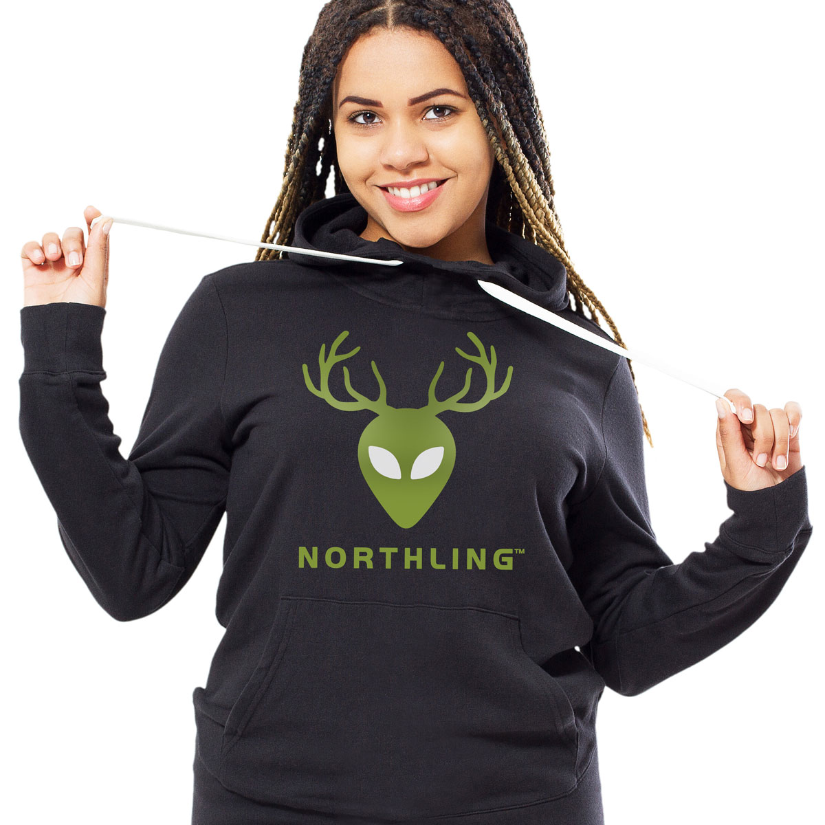 Woman wearing a black hoodie with the antlered alien head logo of Northling, a clothing and accessory brand, conceived in 2012 and launched in 2020 for everyone who lives up north in reality or in spirit.